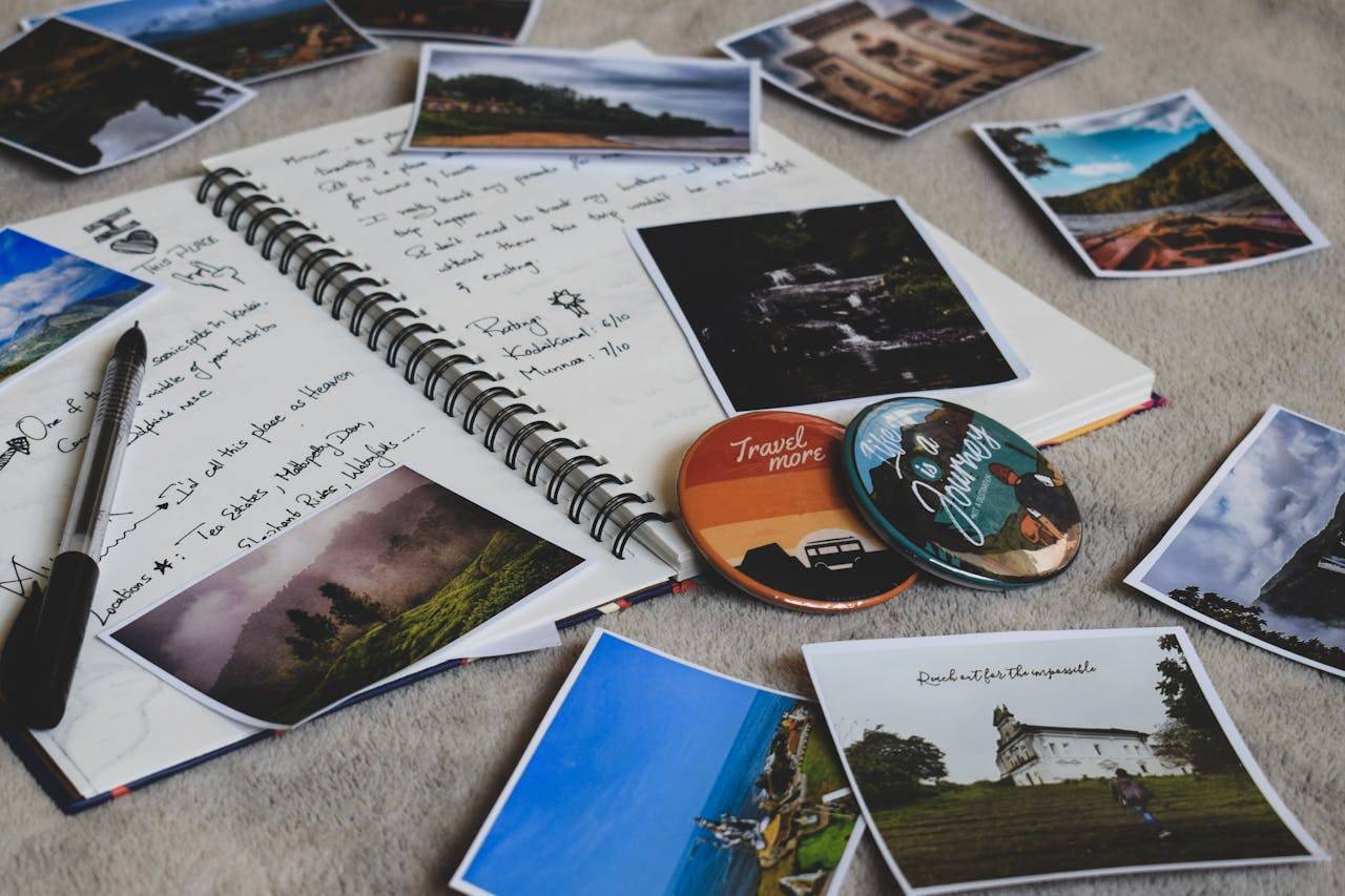 "Travel Diary on Instagram: A coffee table with a notebook, camera, and map, ready for documenting adventures."